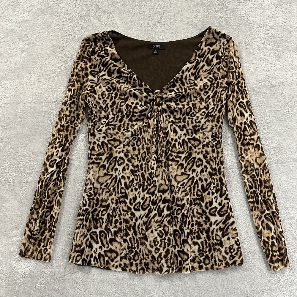 GNW Blouse Top Women's Medium Leopard Print Long Sleeve VNeck Y2K Vtg Boho
